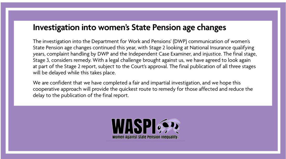 From recently published <a href="/PHSOmbudsman/">Parliamentary and Health Service Ombudsman</a> 2022-23 Annual Report (ow.ly/CBwn50Ph4ss). Read more here about the #WASPI legal challenge earlier this year -> waspi.co.uk/2023/04/03/vic…