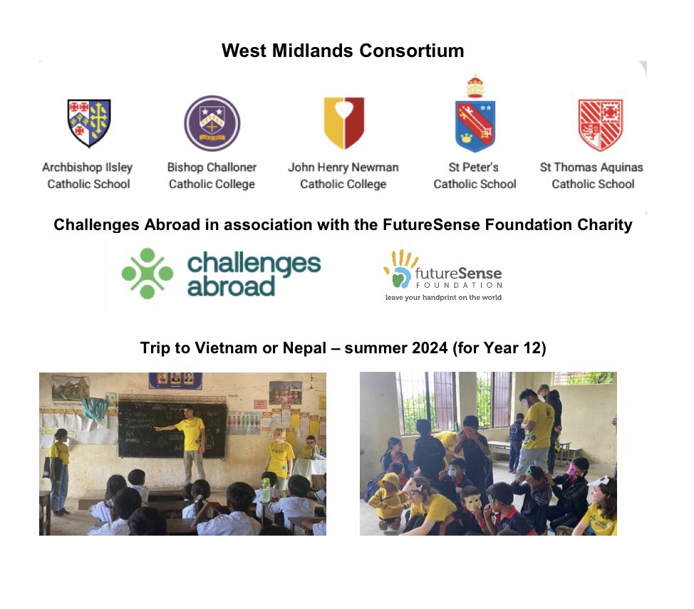 The Head Teachers/Principals of <a href="/ABIlsley/">Archbishop Ilsley Catholic School</a> <a href="/BishopChalloner/">Bishop Challoner Catholic College</a> <a href="/JHNCC_Solihull/">John Henry Newman Catholic College</a> <a href="/StPetersSch/">St Peter's Catholic School</a> &amp; <a href="/STACSBirmingham/">St Thomas Aquinas School- Outstanding School</a> are delighted to announce a joint trip to Asia in the summer of 2024 for new Year 12. With thanks to <a href="/ChallengeAbroad/">Challenges Abroad</a> and <a href="/TuringScheme_UK/">Turing Scheme UK</a>. <a href="/BhamDES/">Birmingham Diocesan Education Service</a> <a href="/FS_Foundation/">FutureSense Foundation</a>