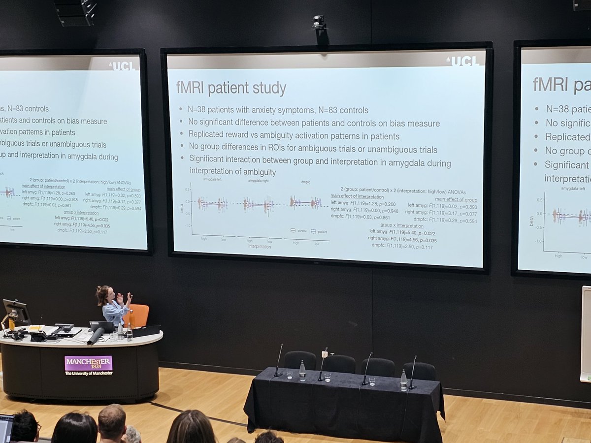 Millie Lowther talking about a translational fMRI task of negative bias probing amygdala response to rewarding vs ambiguous trials - consistent effect of task, but no consistent effect of patient group or escitalopram. 

#BAP2023