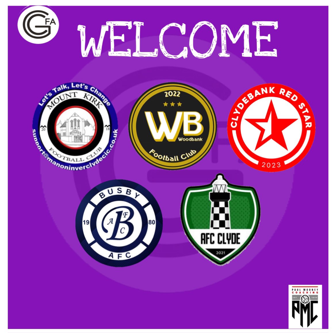 Glasgow Colleges FA (@glascollegesfa) on Twitter photo ⚽️ WELCOME ⚽️
With the New season around the corner we would like to officially welcome the new clubs to the GCFA
<a href="/GMKFC1/">Greenock Mount Kirk FC</a>
@WoodbankFC2022
<a href="/CbankRedStar/">Clydebank Red Star</a>
<a href="/BusbyAFC/">Busby AFC</a>
AFC CLYDE
<a href="/scottish_aff/">AmateurFixturesResultsSCO</a> ⚽️ WELCOME ⚽️
With the New season around the corner we would like to officially welcome the new clubs to the GCFA
<a href="/GMKFC1/">Greenock Mount Kirk FC</a>
@WoodbankFC2022
<a href="/CbankRedStar/">Clydebank Red Star</a>
<a href="/BusbyAFC/">Busby AFC</a>
AFC CLYDE
<a href="/scottish_aff/">AmateurFixturesResultsSCO</a>