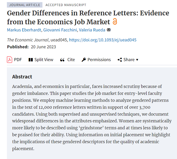 Forthcoming at EJ: ‘Gender Differences in Reference Letters: Evidence from the Economics Job Market,’ by Markus Eberhardt, Giovanni Facchini, Valeria Rueda doi.org/10.1093/ej/uea… @MEDevEcon @GiovanniFacchi5 @valiguaran @RoyalEconSoc @OUPEconomics #EconTwitter #OpenAccess