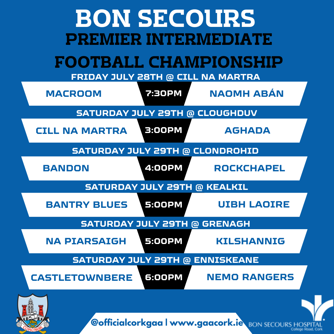 The Bon Secours Cork County Football Championship begins tonight! View all fixtures this week in Premier Senior, Senior A & Premier Intermediate in the images below! Advance ticket sales only, purchase tickets for all games here gaacork.ie/tickets/. @bshsireland #OneCork