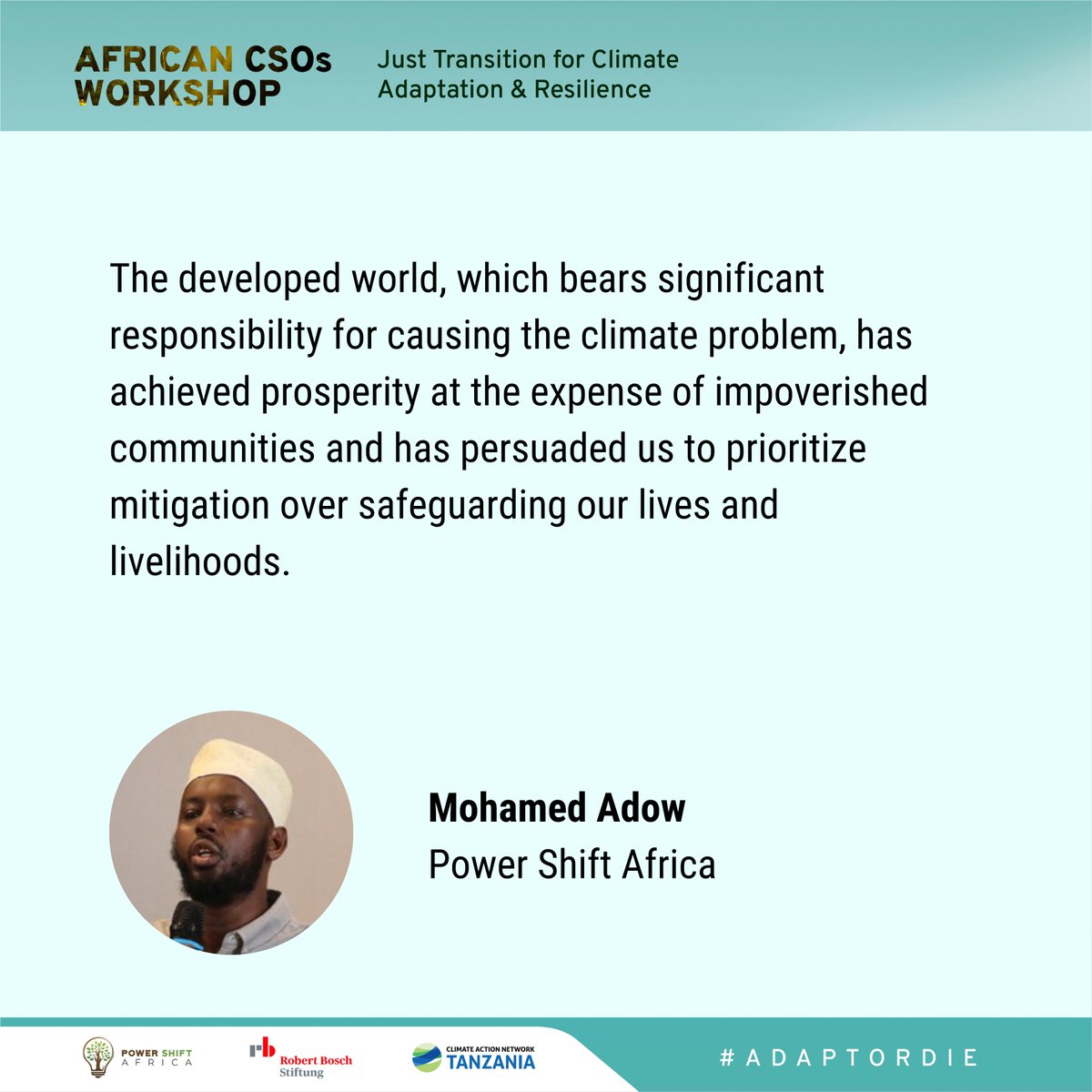 PowerShftAfrica's tweet photo. "The developed world has achieved prosperity at the expense of impoverished communities and has persuaded us to prioritize mitigation over safeguarding our lives and livelihoods." ~ @mohadow
#AdaptorDie #Adapt2Develop #Adapt4Prosperity
#AdaptationFinance https://t.co/vC6OTR7no4