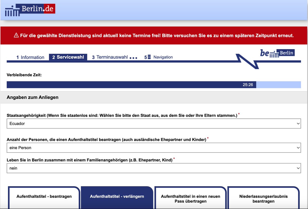 Seit Monaten versuche ich 4-5 Mal am Tag, einen Termin für die Verlängerung meines Aufenthalts in Berlin zu bekommen. Die Antwort ist jedes Mal dieselbe. Hat jemand eine Idee, was ich tun kann, um weiter an der <a href="/FU_Berlin/">Freie Universität</a> studieren und arbeiten zu können? <a href="/RegBerlin/">Senatskanzlei Berlin</a> <a href="/SenASGIVA/">SenASGIVA</a>