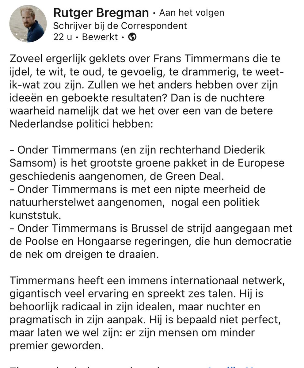 Het blijkt dat de waarheid over de prestaties en de persoon Frans Timmermans aanzienlijk genuanceerder zijn dan de vooral anonieme Twitter-horde rondtettert. Lees hier de analyse van ⁦<a href="/rcbregman/">Rutger Bregman</a>⁩ .