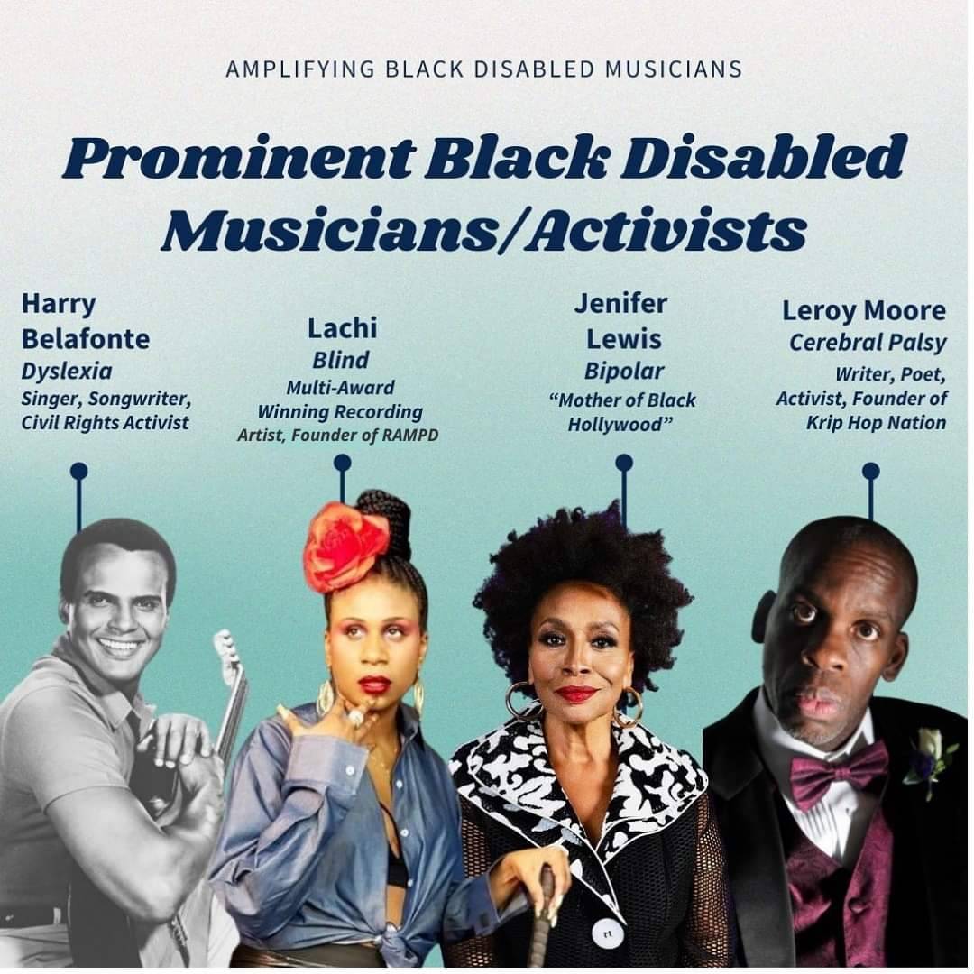 Prominent Black Disabled Musicians / Artists from @diversability

#disability #blackmusic #blackdisabled  #blackdisabledlivesmatter #disabilitypridemonth #disabilityawareness #accessibiilty #musicians #blackartists #disabilityculture #disabledmusicians