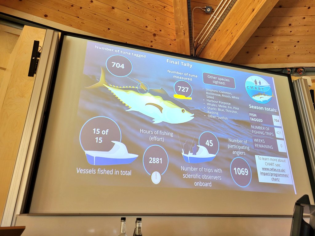 Bluefin #tuna returning to UK waters and @CefasGovUK and fishers (n=2824 and counting) working together to develop a brand new ambitious tagging programme #CHART. Fantastic talks by Dave Righton and Joanna Ford at #FSBI2023 @Uni_of_Essex