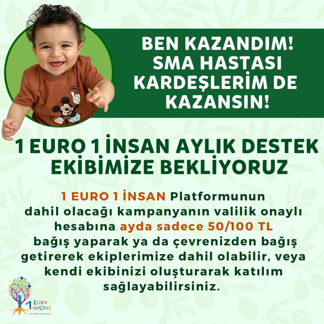 KARANCANLAR DA BİZİMLE 🫒🫒🫒 1EURO1İNSAN ailesi olarak 11.03.2021 tarihinden itibaren, SMA hastalarına gönül vermiş insanlardan oluşan “henüz” 13.000 kişilik bir topluluğuz. Şu ana kadar 21 çocuğumuzu ilacına elbirliği ile kavuşturduk. Dahil olacağımız kampanyanın valilik…