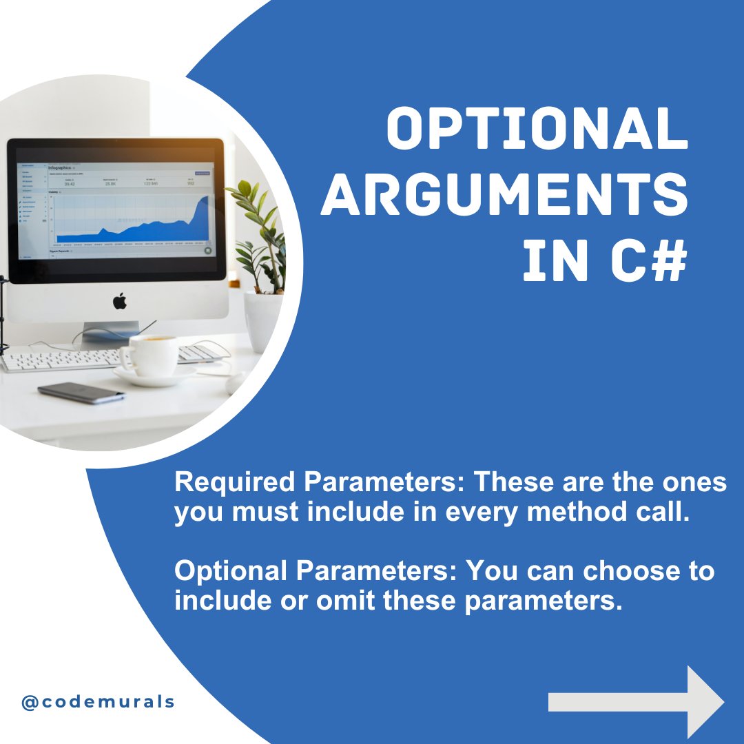 CodeMurals's tweet image. Optional Arguments in C#
#CSharp #CSharpCoding #OptionalArguments #SoftwareDevelopment #CodingTips #CodeFlexibility #CSharpMethods #OptionalParameters #CSharpTips #CSharpProgramming #TechTalk #CodingCommunity #LearnToCode #DotNetDevelopers