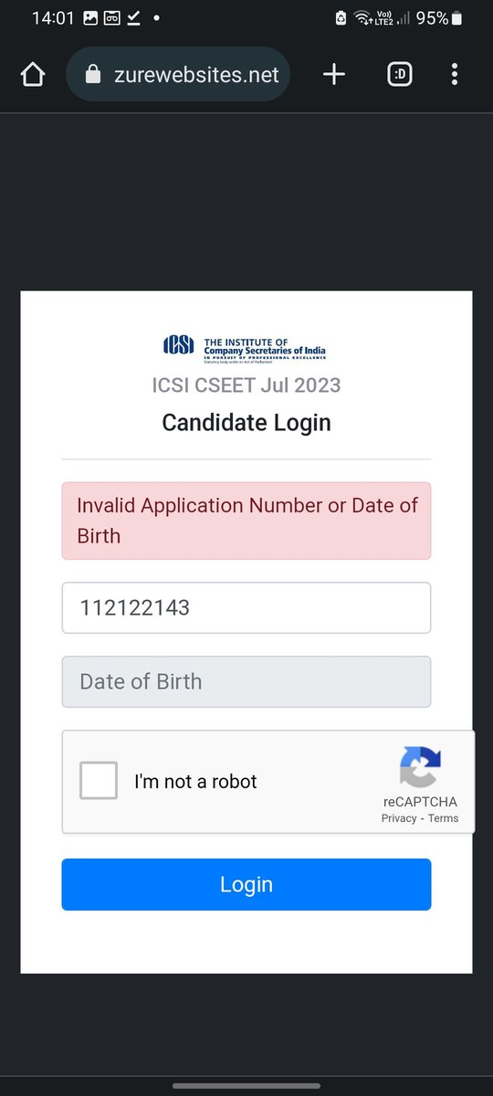 Jazbaat28's tweet photo. card even after filling my application number and DOB right the dashboard is still Showing me invalid application number or DOB. Kindly help me out with this querry i studied very hard and gave all my time for this i hope you will understand.
Thank you @icsi_cs
 #cs #admitcard https://t.co/elhGtxKQwY