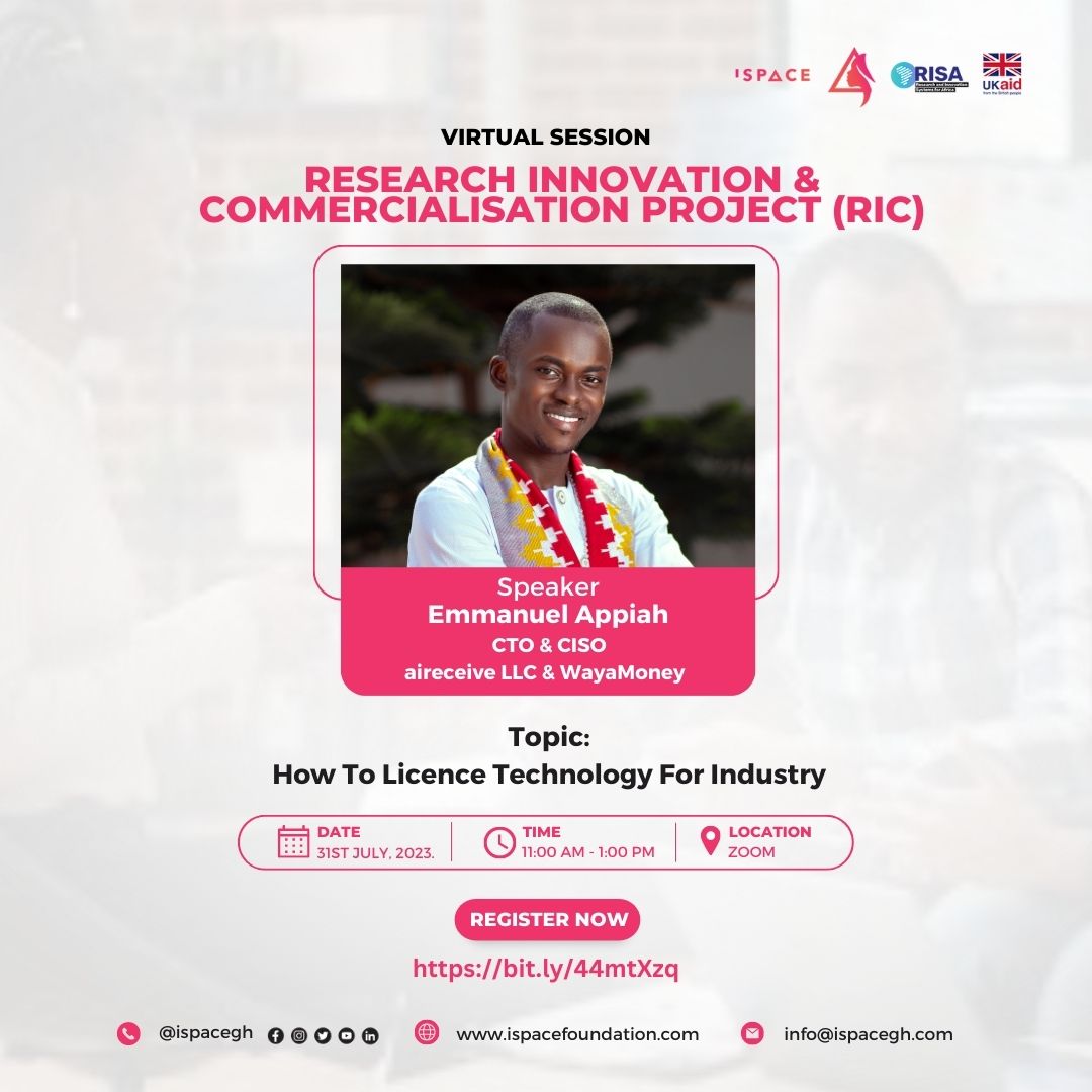 iSpaceGh's tweet photo. 𝐑𝐈𝐂 𝐕𝐢𝐫𝐭𝐮𝐚𝐥 𝐓𝐫𝐚𝐢𝐧𝐢𝐧𝐠

Ever wondered about the benefit of licensing technology for your startup? Or how you can protect your intellectual property when licensing technology? https://t.co/79lmfILbsN