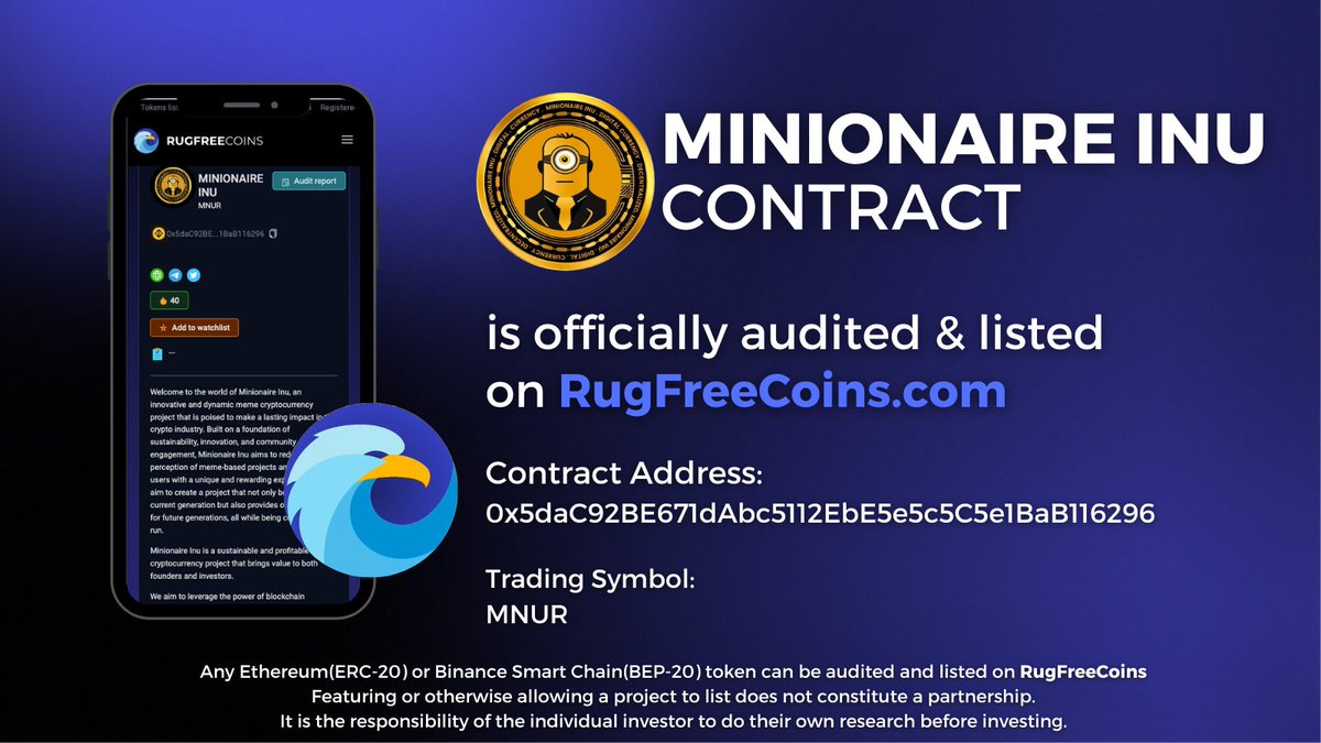 rugfreecoins's tweet image. " @MinionaireINU "  has been fully audited and listed on RugFreeCoins.     

Scored: 7.8/10           

rugfreecoins.com/coin-details/1…

#Rugfreetokens #MinionaireInu #DeFi #audit #Web3 #BSC #Binance