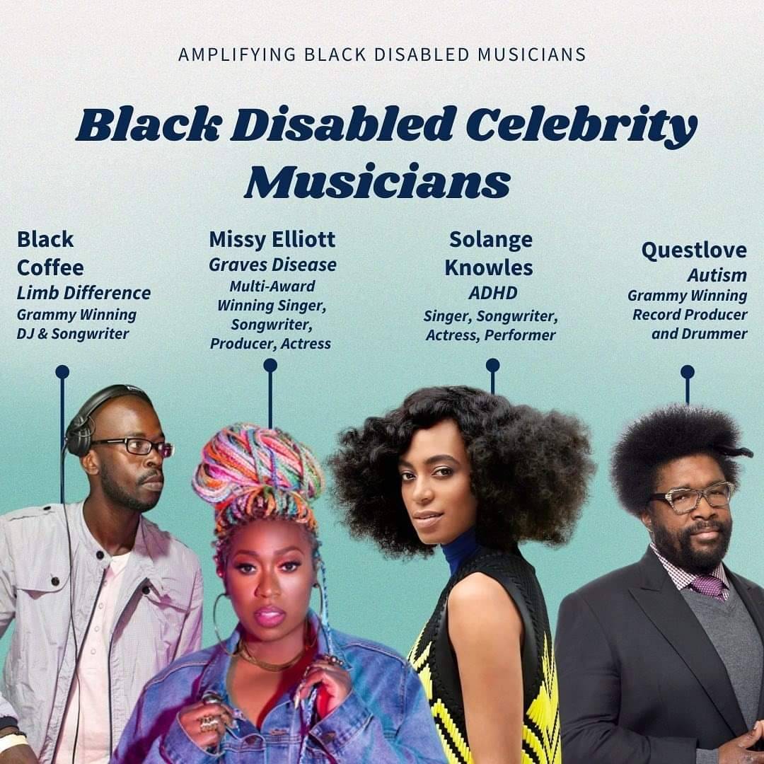 Prominent Black Disabled Musicians from @diversability

#disability #blackmusic #blackdisabled  #blackdisabledlivesmatter #disabilitypridemonth #disabilityawareness #accessibiilty #musicians #blackartists #disabilityculture #disabledmusicians