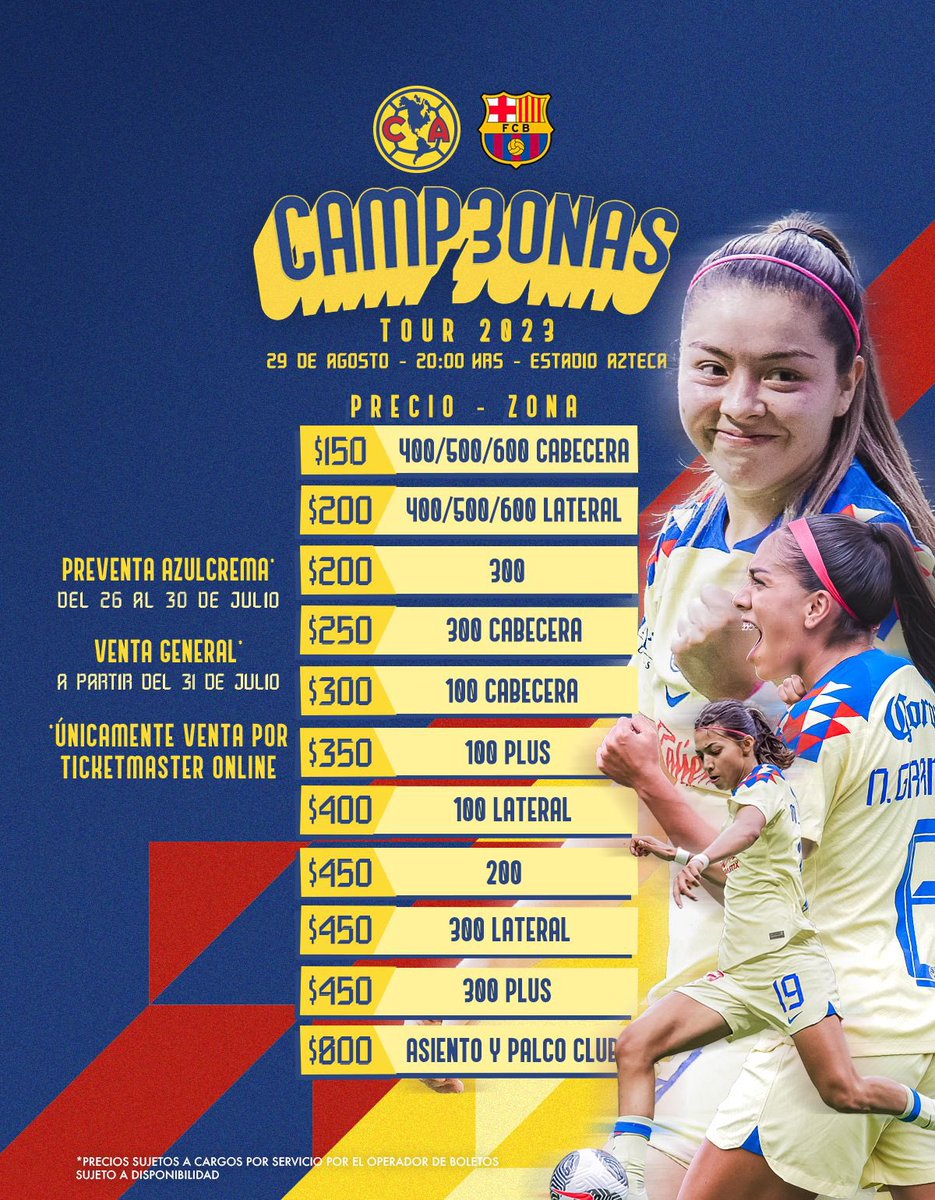 ¿Están listos? 🦅✨

𝐀𝐦é𝐫𝐢𝐜𝐚 𝐯𝐬. 𝐁𝐚𝐫𝐜𝐞𝐥𝐨𝐧𝐚
🏟️ <a href="/EstadioAzteca/">Estadio Azteca</a> 
📆 29 de agosto, 20:00 hrs
🖥️ Preventa Azulcrema del 26 al 30 de julio
🎟️ Boletos desde $150