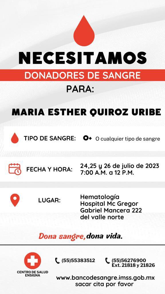 sandialopesela's tweet photo. 🚨URGE
Les pido su apoyo para donar 🙏🏻
Comparto los datos de la paciente y la liga para hacer cita y donar, no importa la fecha disponible, pero URGE el registro de las citas para garantizar reemplazo en el banco de sangre y que le den la que necesita.
https://t.co/Kktz6ZWimN https://t.co/9lkjdg5vbn