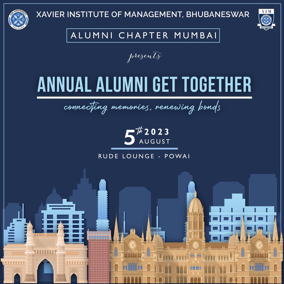 We are thrilled to announce the Annual Alumni Get-Together (G2G) organized by the Alumni Association, Mumbai Chapter.
 
Date: 5th August 2023
Venue: Rude Lounge, Powai
Time: 7:30 P.M onwards

Reach out to us for more details- +91 9078802150

#Mumbai
#AlumniEngagement 
#ximb