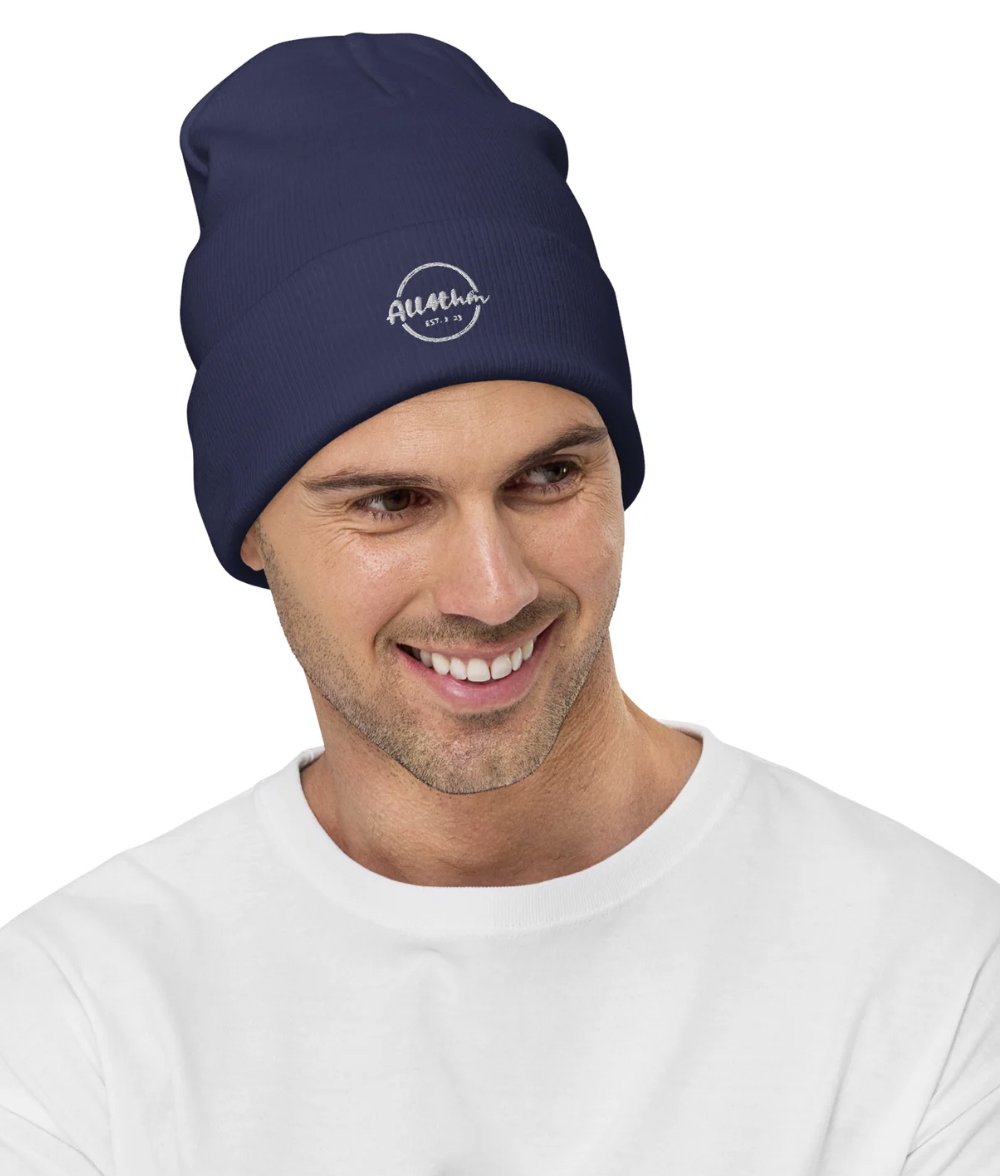 Navy Embroidered Beanie ALL4THM, Cotton Blend, One Size Fits Most #ALL4THM #navyembroideredbeanie #all4thmbeanie #cottonblend #onesizefitsmost #formfittingshape #uniquegifting #shopsmallonline  bit.ly/3QevjIa