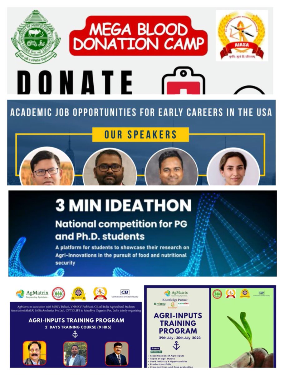 AIASA is coming with a series of events.

1. Mega Blood Donation Camp, <a href="/OdishaUniversi1/">Odisha University of Agriculture & Technology</a> (Ongoing)

2. "Webinar 4: Academic Job Opportunities for Early Careers in the USA!"

3. “AGRI-INPUTS TRAINING PROGRAM”

4. "3 MIN IDEATHON” – National competition for PG and PhD students
