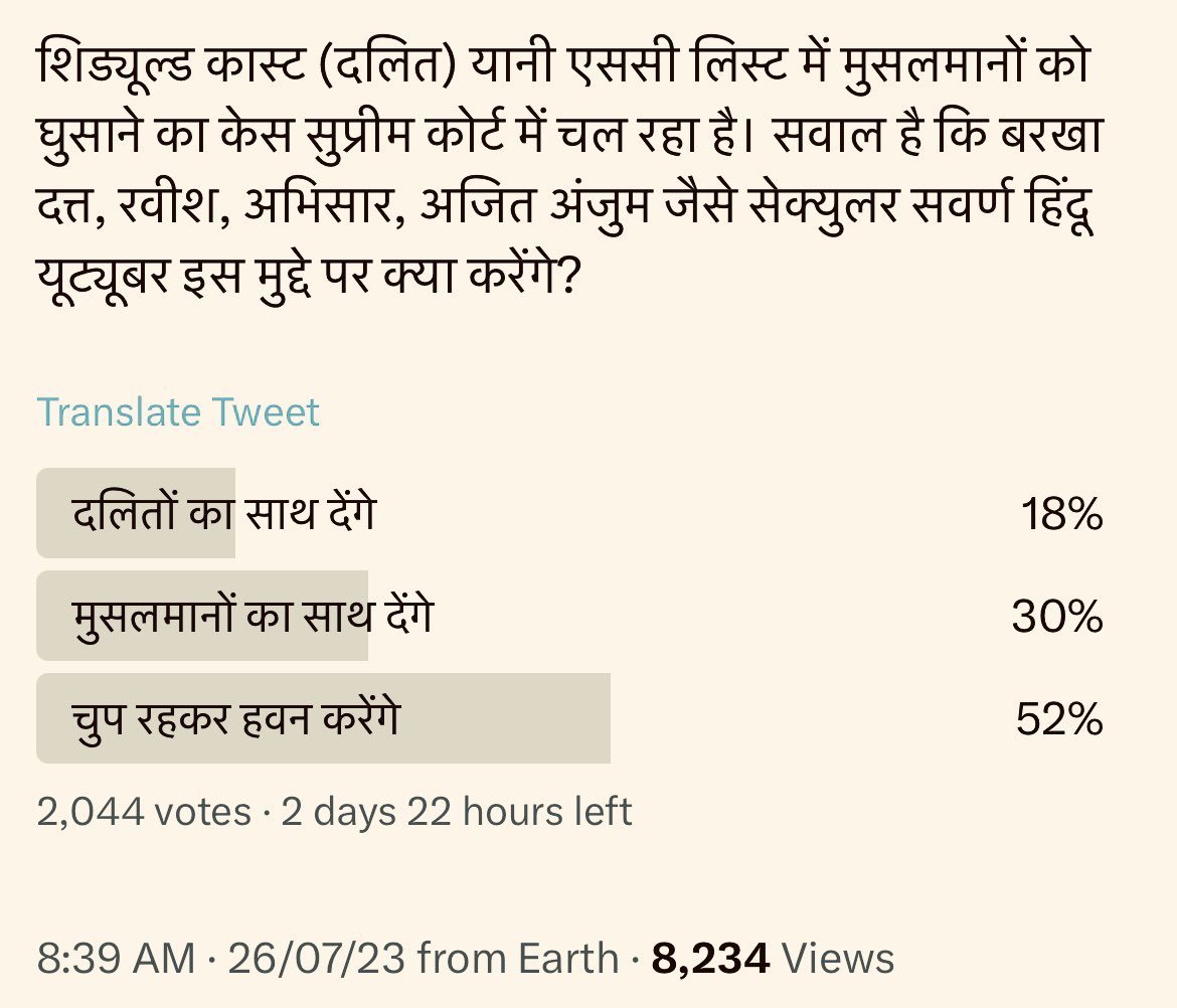 सेक्युलर सवर्ण हिंदू यूट्यूबर दलितों का साथ नहीं देंगे। लिख कर रख लीजिए। 

उनकी रोटी ज़्यादातर मुसलमान सब्सक्राइबर से चलती है। वे दलितों का साथ दे ही नहीं सकते। न्याय के पक्ष में बोलते ही उनके मुसलमान सब्सक्राइबर चले जाएँगे। 

ये विचार की नहीं, बिज़नेस की बात है। 

⬇️