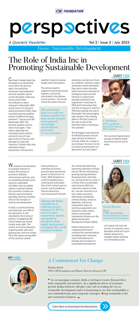 CIIFoundation's tweet photo. In the latest issue of CIIF #Perspectives, Mr. @prabhakarl, EVP &amp; Head - Social Investments, ITC Ltd, Ms. Gayatri Divecha, Head - CSR &amp; Sustainability, @GodrejGroup &amp; Ms. @seematweet, CEO, CIIF &amp; DDG, @FollowCII, share views on how #IndiaInc can promote sustainable development. https://t.co/R6CVviit0G