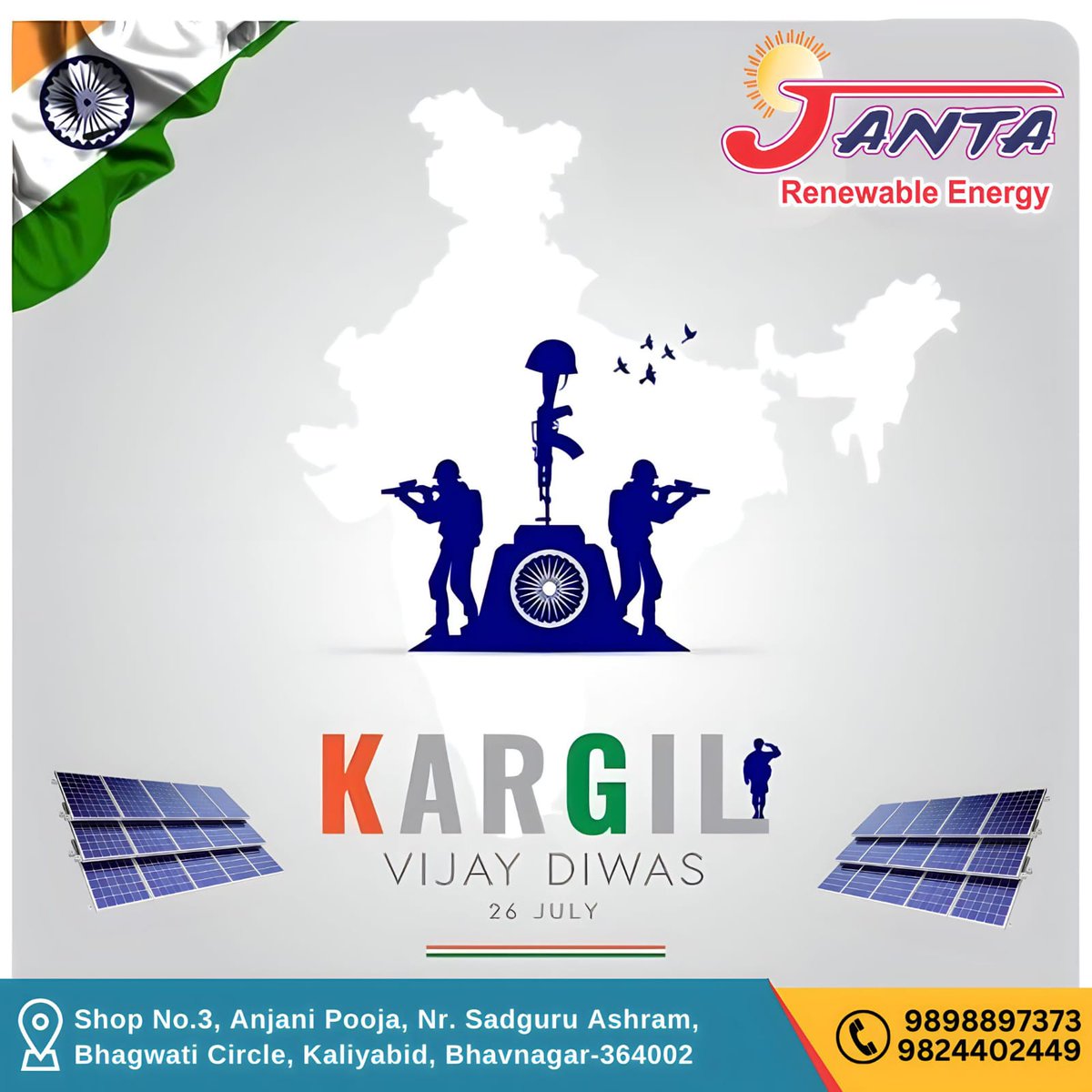' KARGIL VIJAY DIWAS !! ' 🌳🌲🌞 ભવિષ્યનો એક માત્ર વિકલ્પ સૌરઊર્જા !! 'JANTA RENEWABLE ENERGY' Mo📞: 9838897373 #KargilVijayDiwas #solarrooftop #JANTA #renewable #energy #solarpower #solarpanels #ecofriendly #saveelectricity #solarenergy #powerplant #plant #Bhavnagar #Gujarat