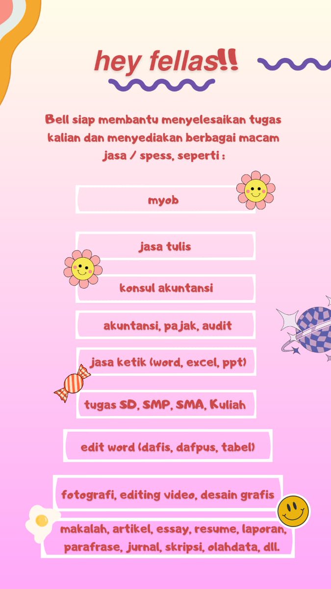 ethvanol's tweet image. 𝙝𝙚𝙮 𝙛𝙚𝙡𝙡𝙖𝙨!! 

@laporanaruskas open joki nih, siap membantu menyelesaikan tugas kalian. 
langsung send detail tugasnya ajaa, fee? menyesuaikan budget kalian😋🙆‍♀️ 

fastresp : wa.me/6282158279493

#jokitugaskuliah #jokitugas #jokiproposal #zonauang