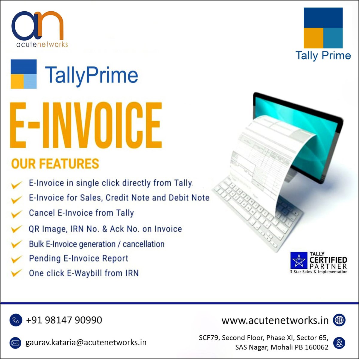 Invoicing on your mind? Tally E-Innovice has you covered! Stay GST compliant, reduce errors, and streamline your financials
'Acute Professional Networks LLP
website: acutenetworks.in
#EInvoice #ElectronicInvoicing #DigitalInvoices  #EInvoicing #PaperlessBilling