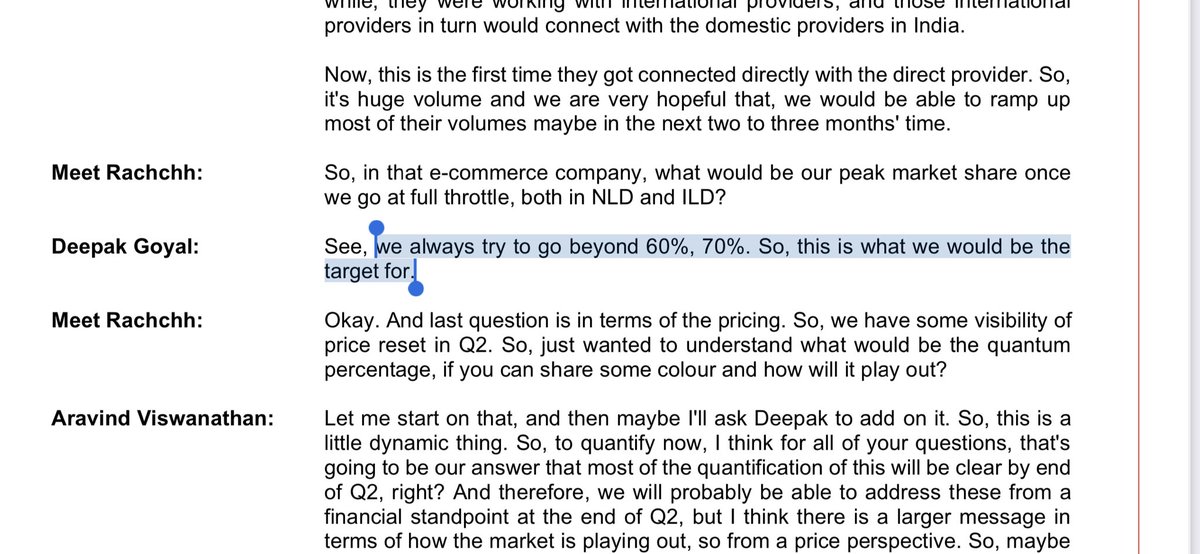 #TANLA they targeting peak mkt share in NLD and ILD 60-70% . Tanla acquired Karix a few years back, now they acquired ValueFirst, Gamooga. CapEx of almost ₹100 crores in the last six months.