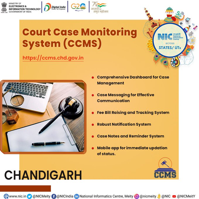 Court Case Monitoring System by @NICMeity tracks pending cases for Chandigarh Admin, with real-time updates. Integrated with National Judicial Data Grid, it offers the latest case information & operates on a role-based system ensuring relevant access.
  
#NICMeitY @GoI_MeitY https://t.co/GGhUH9OzzE