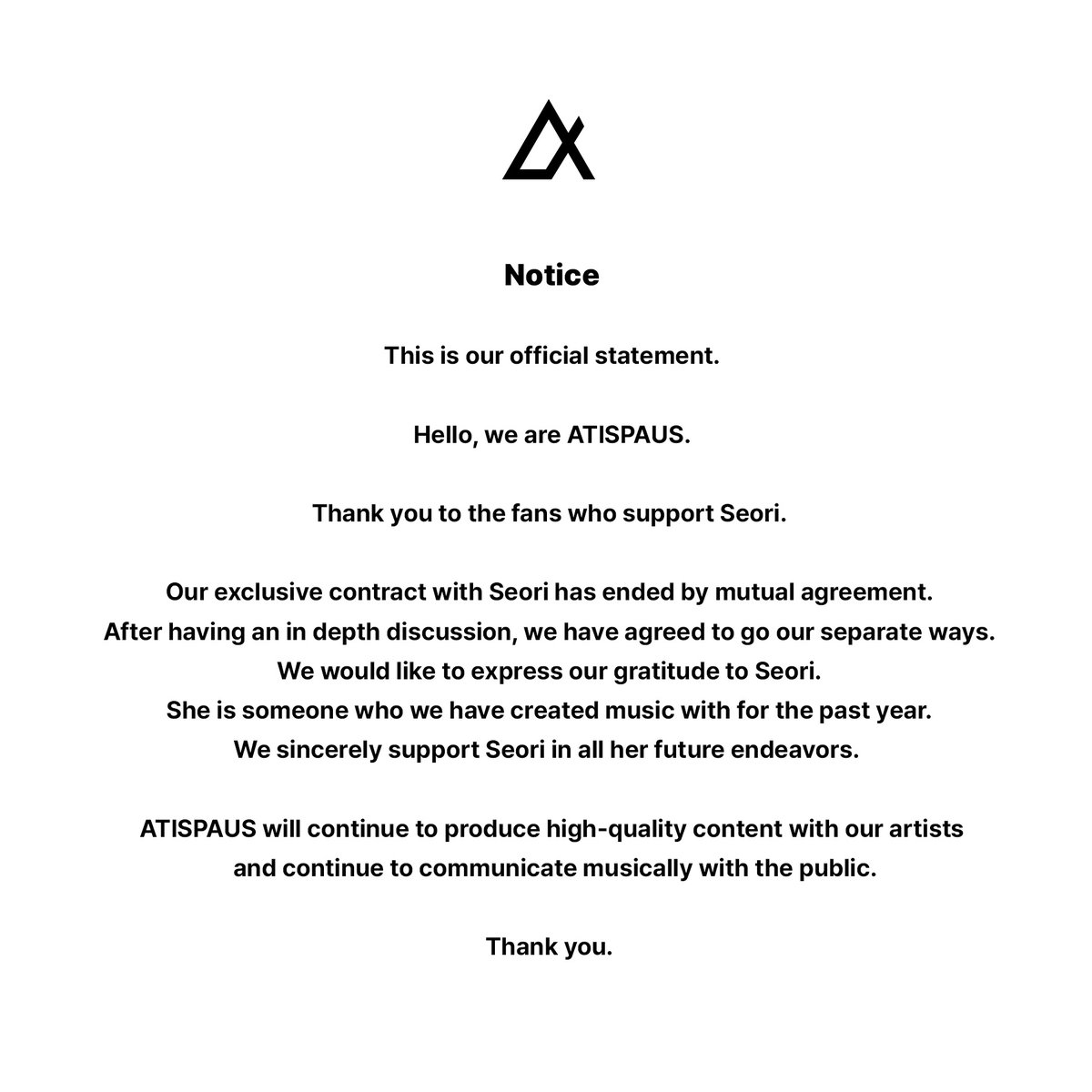 Atispaus_lable's tweet photo. [Notice]
안녕하세요, 아티스파우스(ATISPAUS)입니다.
서리 전속 계약 종료 공식 입장 입니다.

Hello, we are ATISPAUS.
This is our official statement. https://t.co/p8897NECVF