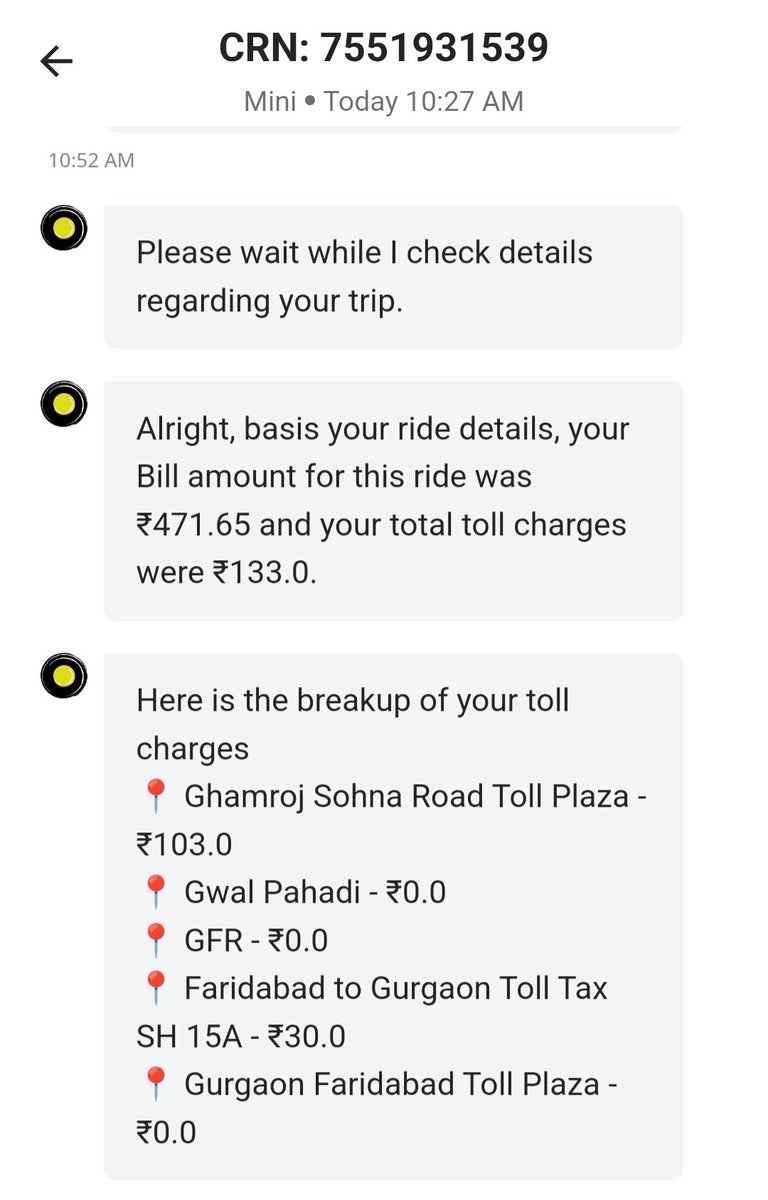 avjeet02's tweet photo. @ola_supports My ride fire shown was 269 for which I was charged Rs. 442 .
My ride is from Pratap Nagar, Delhi - East of Kailash, Delhi
In the breakup it show a toll charge of 130 rs charges at Ghamroj sohna toll and faridabad toll. 
Can you please explain how this is applied? https://t.co/MMrMmz8nNi