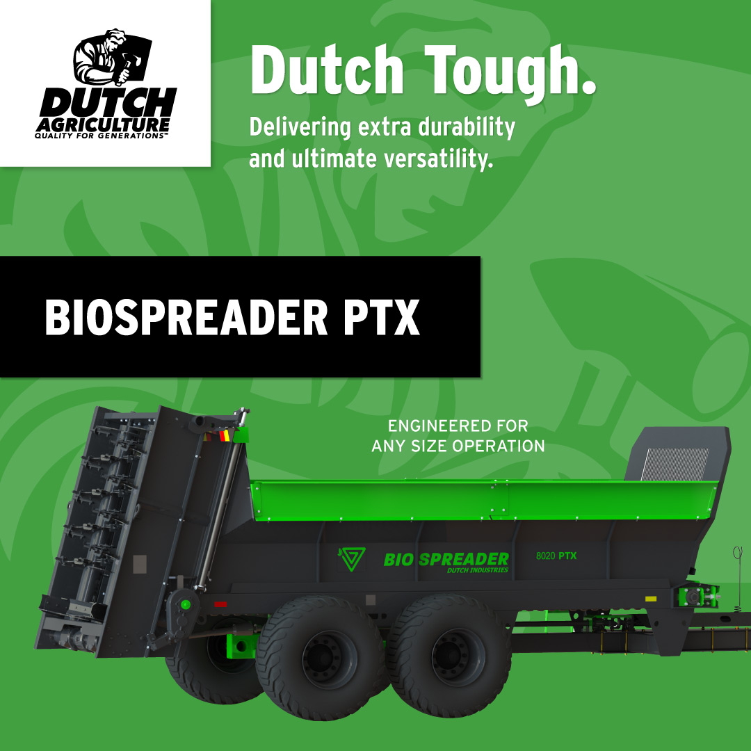 Engineered for any size of operation, our new BioSpreader PTX brings heavy-duty to the next level. PTX is built with hardened steel to prevent deformity over extended use.
Check it out here: loom.ly/_wU1KX0

#DutchAgriculture #CanadaAg #Innovation #DesignedForProducers