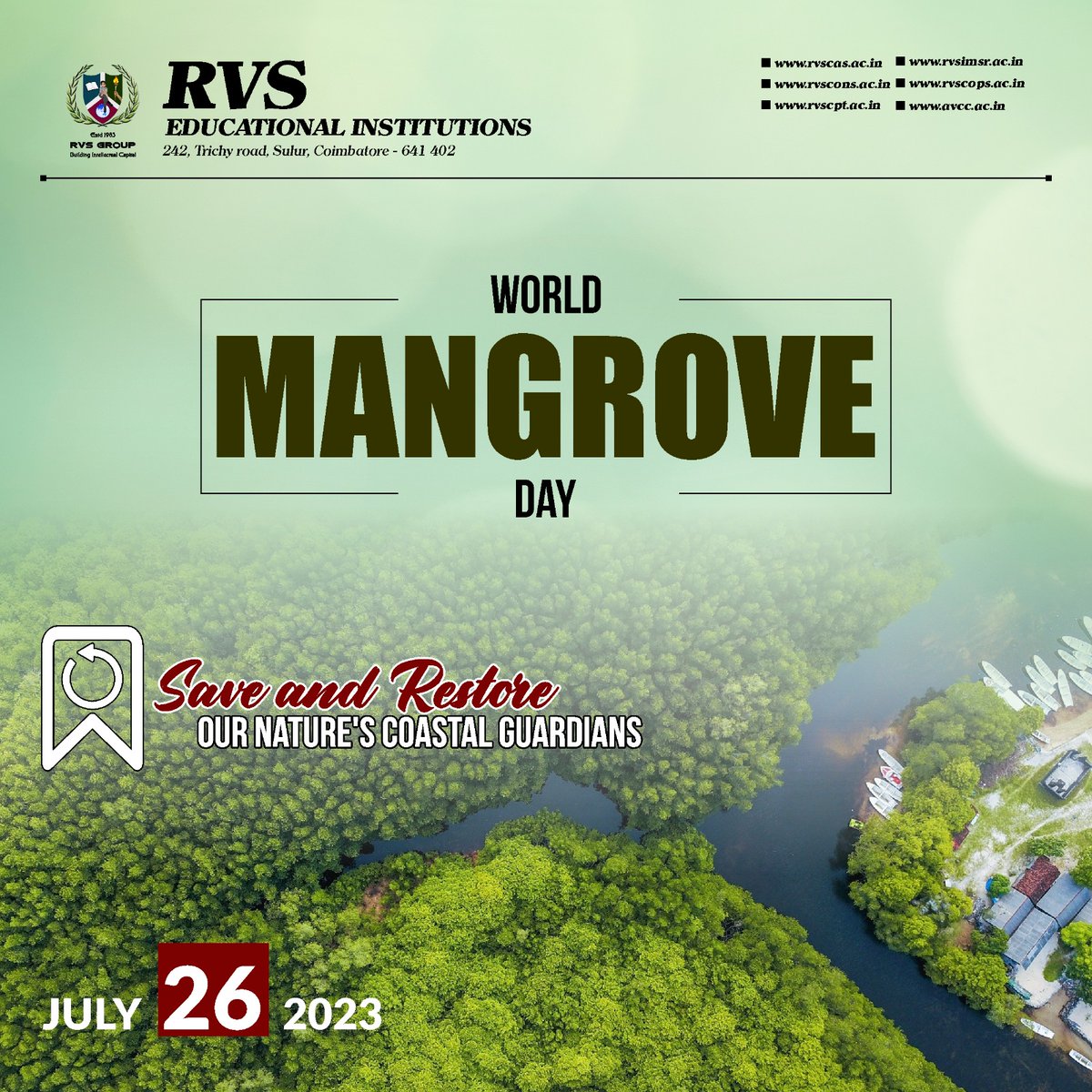 🌊 Celebrating World Mangrove Day 🌿 Let's unite to save and restore these precious ecosystems for a greener, sustainable future! 🌎🌱
#rvsimsrsulur #rvssiragugal #WorldMangroveDay #MangroveConservation #worldmangroveday2023 #SaveOurMangroves #ProtectMangroves #MangroveEcosystem