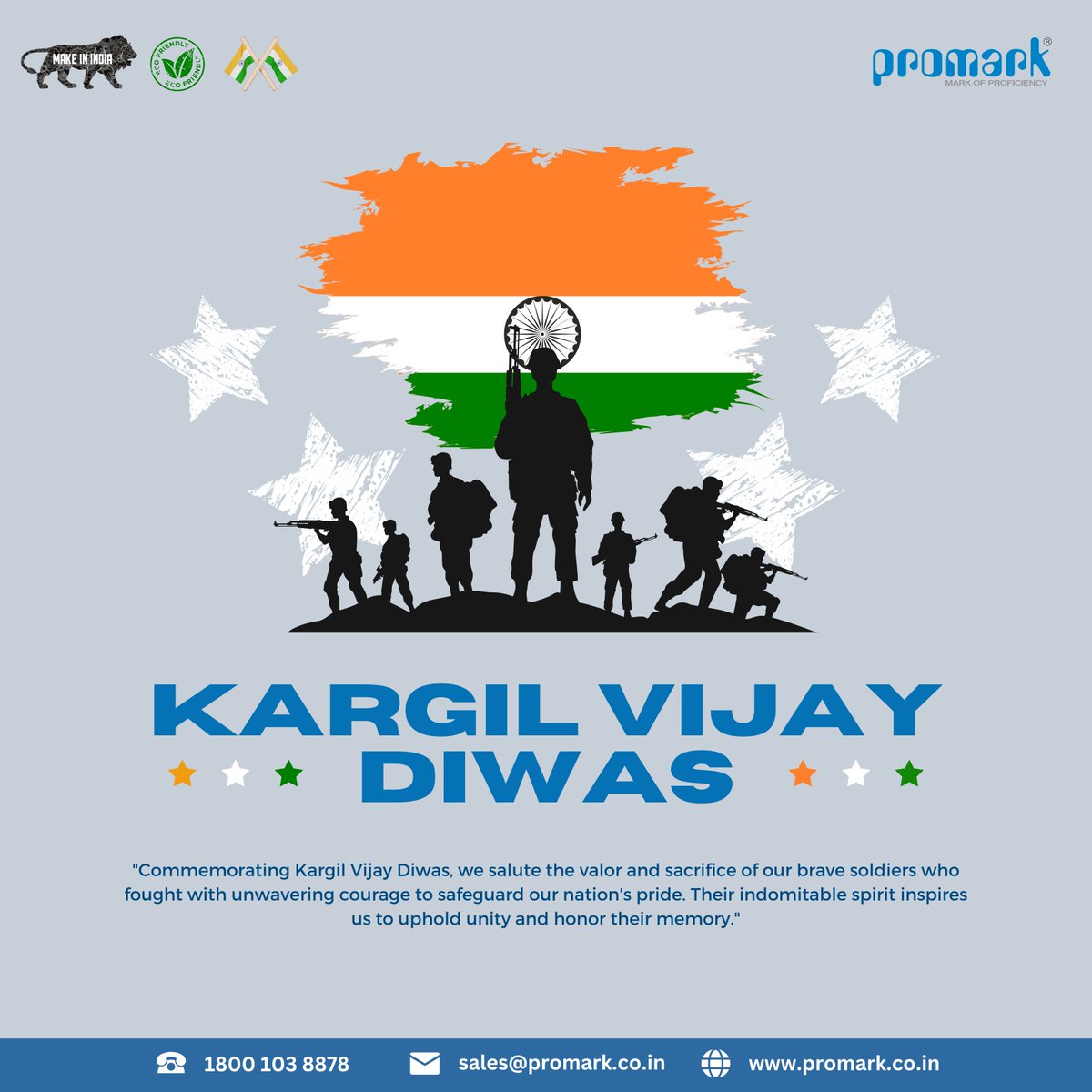 'Remembering the indomitable spirit of our brave soldiers who triumphed in the face of adversity during the Kargil War. Saluting their courage, valor, and sacrifice on this Vijay Diwas.
.
.
#Promark #KargilVijayDiwas #SalutingOurHeroes #RememberingTheBrave #VictoryOverAdversity