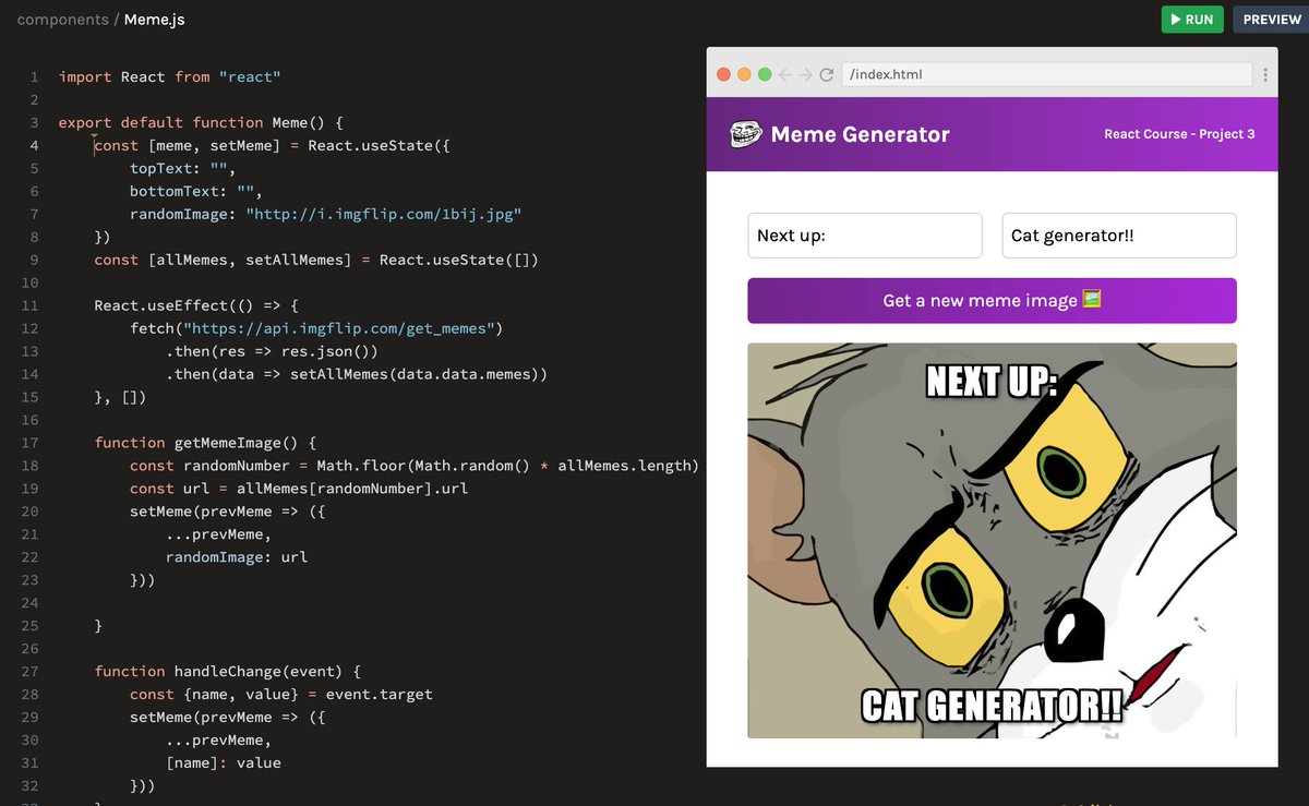 Day 97 of #100DaysOfCode 

Finally finished the meme generator section on Scrimba's React course!!

I learned about: 
- API calls
- useEffect
- useEffect dependencies
- clean up functions

I want to make sure I remember everything, especially about fetching data from an API so