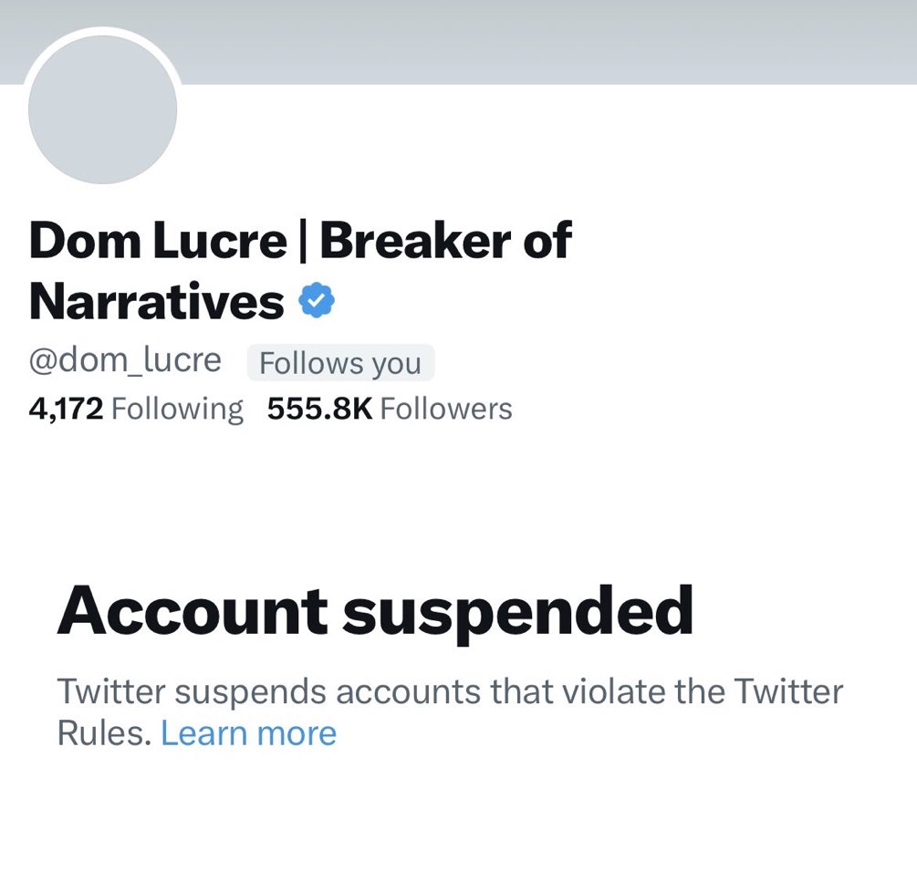 Twitter just suspended @dom_lucre. My friend and one of my absolute favorite accounts. To use Dom’s own worlds: “I love America so much that one day I will get banned on Twitter for exposing the greatest lie Americans have ever been told” Dom was working so fast exposing…