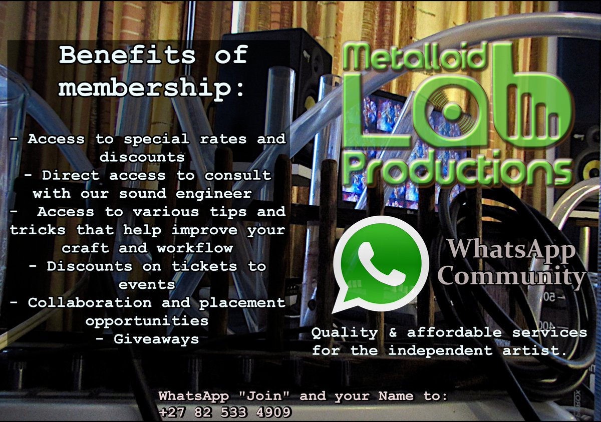 Arsenicbeats's tweet photo. Join our community and gain access to premium quality services at a special price worked out especially for independent artists. 

To become a member WhatsApp "Join and your name" to 082 533 4909 
Or email metalloidlab@gmail.com to find out more... https://t.co/d3lJmQJgZW