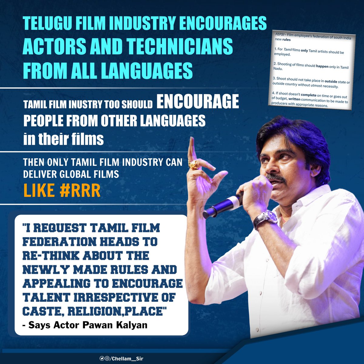 Chellam___Sir's tweet photo. "I request Tamil Film Federation heads to re-think about the newly made rules and appealing to encourage talent irrespective of caste, religion, place" - Says Actor @PawanKalyan In #BroPreRelease https://t.co/0acAEjX6Wl