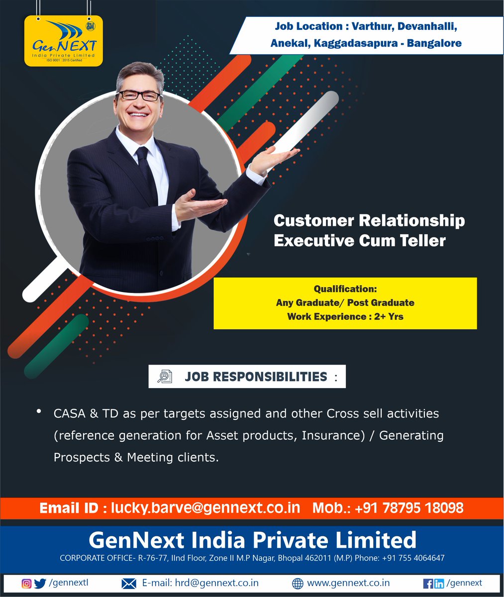 #urgentrequirement

Job Title: Customer Relationship Executive Cum Teller 

#customerrelationshipexecuitve #teler #bangalorejob #graduate #postgraduate  #hiringnow #experience #hiring2023 #job #work #jobalerts #vacancyjob #gennext #gennexthiring #gennextjob