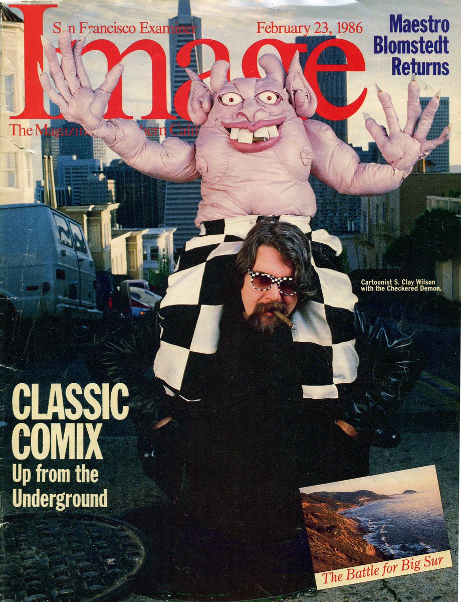 TriciVenola's tweet photo. On the late S Clay Wilson’s birthday, his stellar character Checkered Demon, built in 3D homage in 1985 by moi, dyed red by Wilson’s request. If you don’t know Wilson’s iconic work look it up. We could use it now as a blast of outrageousness in a PC world. #zapcomix #zap #comics https://t.co/Z8ZIF8p9ur