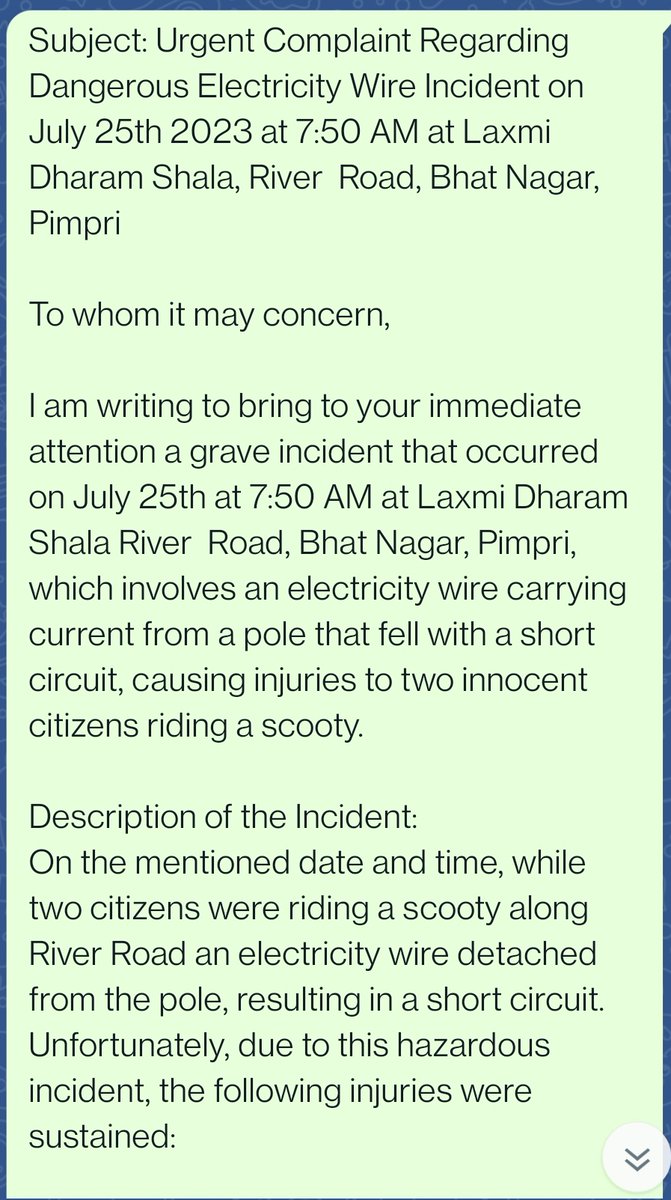 Sameer_Lonkar's tweet photo. @PCMCSarathi Subject: Urgent Complaint Regarding Dangerous Electricity Wire Incident on July 25th 2023 at 7:50 AM at Laxmi Dharam Shala, River  Road, Bhat Nagar, Pimpri https://t.co/tcdbELTIuX