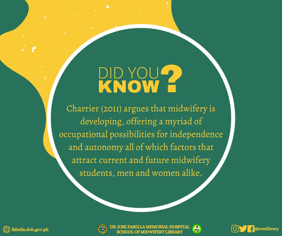somlibrary's tweet image. Did you know?

Charrier (2011) argues that midwifery is developing, offering a myriad of occupational possibilities for independence and autonomy all of which factors that attract current and future midwifery students, men and women alike.

#GADMondays  
#SOMLibrary