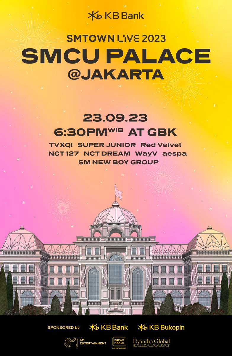 SMTOWN LIVE 2023 SMCU PALACE @ JAKARTA with KB Bank 9월 23일 인도네시아 자카르타에서 개최!
한국-인도네시아 수교 50주년 의미 더한다! 동방신기→신인 남자 그룹까지 SM 특급 라인업 총출동!

SMTOWN LIVE 2023 SMCU PALACE @ JAKARTA with KB Bank will be held in Jakarta, Indonesia, on