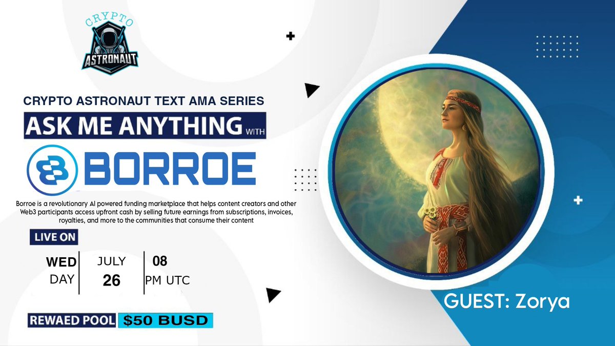 CryptoAs_TW's tweet photo. 📢 We're thrilled to announce our next #AMA with "BORROE"on 26th,June,2023 at 8:00 AM UTC &amp; 10 AM CET.  

𝗧𝗘𝗫𝗧 𝗔𝗠𝗔

🏦Venue: @CryptoAstronaut1

🏆 Reward Pool: $50

〽️Rules
Follow @CryptoAs_TW &amp; @Borroe_Finance

~ Comment &amp; Like,Retweet &amp; Follow https://t.co/JCBBlvKZ40