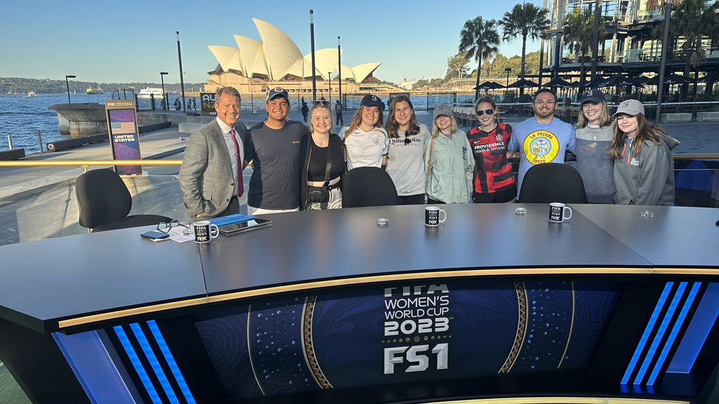 QUJournalism's tweet photo. Thanks for having us up, @RobStoneONFOX! How cool is this?! (And we will back for a tour.) #FIFAWWC @FOXSports https://t.co/aYHADYBLSP