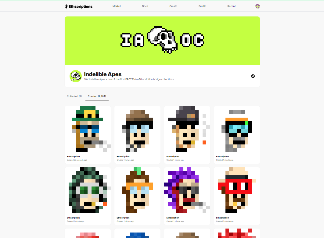 Busy day bringing 1,500 new Indelible Apes On-Chain. More work tomorrow advancing new features on indelibleapes.com to aid in trait discovery and marketplace integrations (list/buy/transfer). Meanwhile, see what's ethscribed on "Created" tab here: ethscriptions.com/0x85aa289721df…
