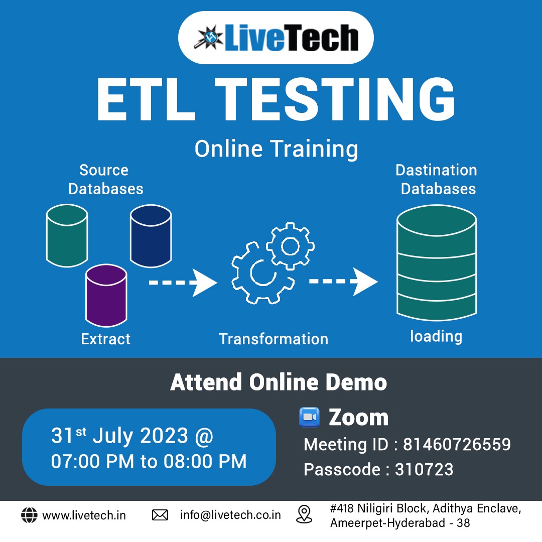 LiveTechTesting's tweet image. ETL testing is a type of software testing that focuses on verifying and validating the Extract, Transform, and Load (ETL) process.
To know more details please visit our website :livetech.in
Please call us on 9000008814
#softwaretesting
#softwaretestingtraining