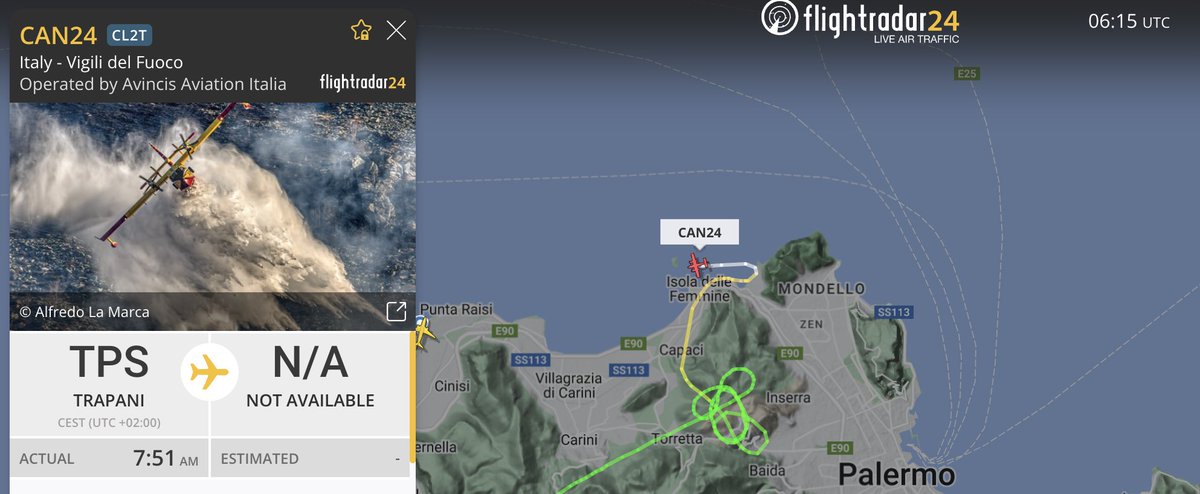 Canadair 24 dei <a href="/vigilidelfuoco/">Vigili del Fuoco</a> è di nuovo operativo su #Palermo a supporto delle operazioni di spegnimento dell'incendio all'impianto di conferimento dei rifiuti della città. 
#incendi #Sicilia