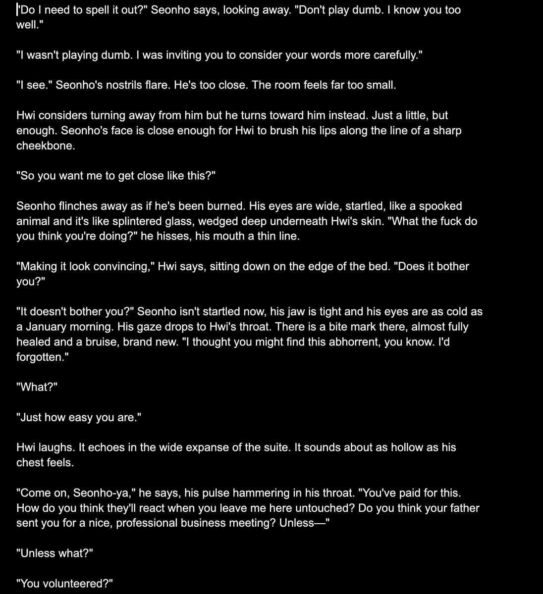 nubreed73's tweet photo. MCTNA #wipwednesday - from the cagefighter/kisaeng dystopian au. SeonHwi, double-sided dubcon, messy divorce era vibes. (Reposting because I could not let a typo slide lol) https://t.co/V0E586AOn9