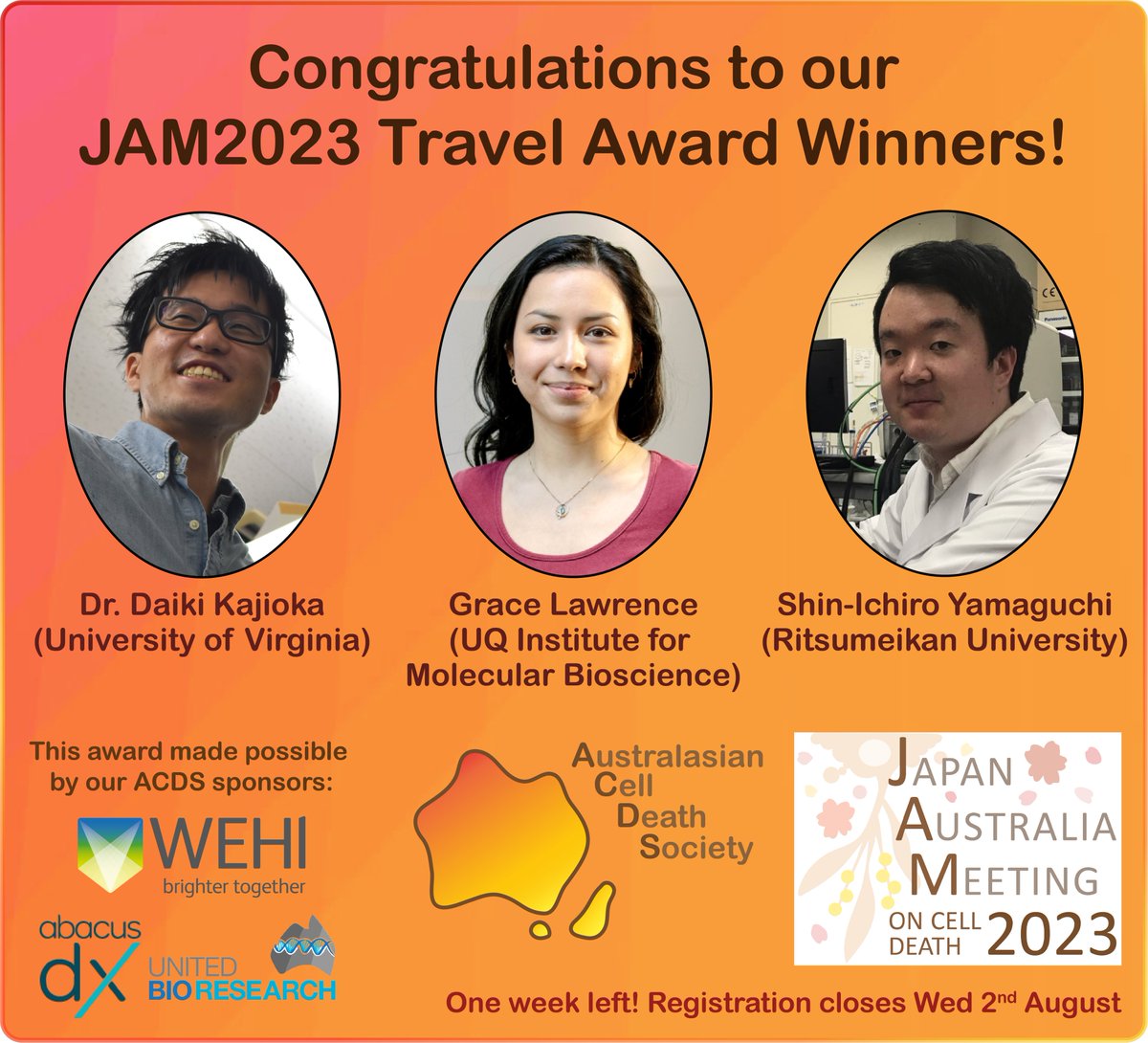 Australasian Cell Death Society (@auscelldeathsoc) on Twitter photo Congratulations again to our three #JAM2023 Travel Award Winners - Daiki Kajioka, Grace Lawrence, and Shin-Ichiro Yamaguchi! ๐๐
Our awardees will each receive funds to support their travel to Melbourne to present at the Meeting in August.
<a href="/UVA/">UVA</a> <a href="/grace_pamo/">Grace Pamo Lawrence</a> <a href="/IMBatUQ/">Institute for Molecular Bioscience</a> <a href="/RitsumeikanU/">Ritsumeikan University Global</a> Congratulations again to our three #JAM2023 Travel Award Winners - Daiki Kajioka, Grace Lawrence, and Shin-Ichiro Yamaguchi! ๐๐
Our awardees will each receive funds to support their travel to Melbourne to present at the Meeting in August.
<a href="/UVA/">UVA</a> <a href="/grace_pamo/">Grace Pamo Lawrence</a> <a href="/IMBatUQ/">Institute for Molecular Bioscience</a> <a href="/RitsumeikanU/">Ritsumeikan University Global</a>